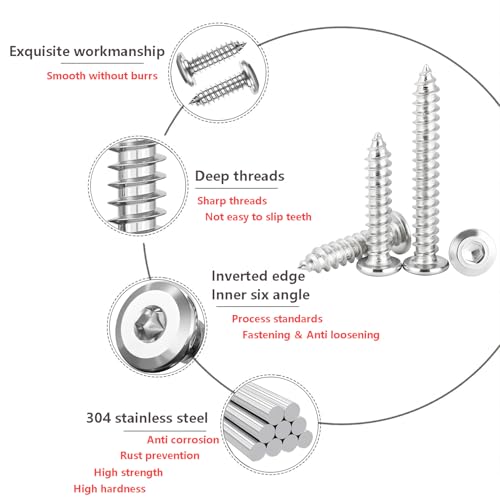 20 st. 304 Roestvrij staal Zelftappende Schroeven, M6 x 50mm Platkopschroeven, Houtschroeven, Hex Socket Schroeven voor de bouw en reparatie 5