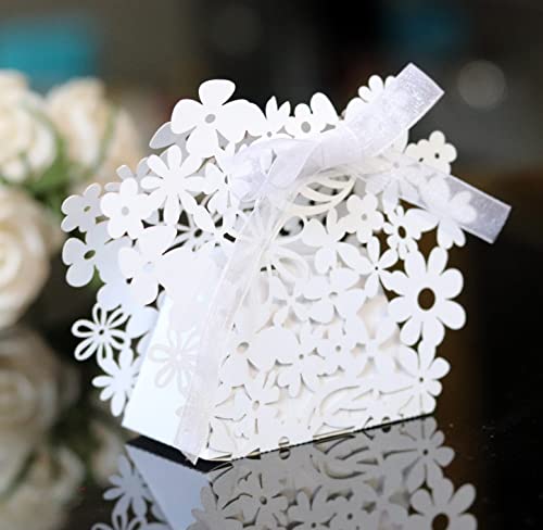 50 stuks Hollow Flower Cadeaudozen, Bonbonniere Doos, Cadeaudoosje, Gasten Cadeau, Opvouwdoosje voor bruiloft, Doop, Verjaardag, Feestelijke, Favor, Tafel decoratie, Bruidspaar, Cadeauverpakking, Wit 3