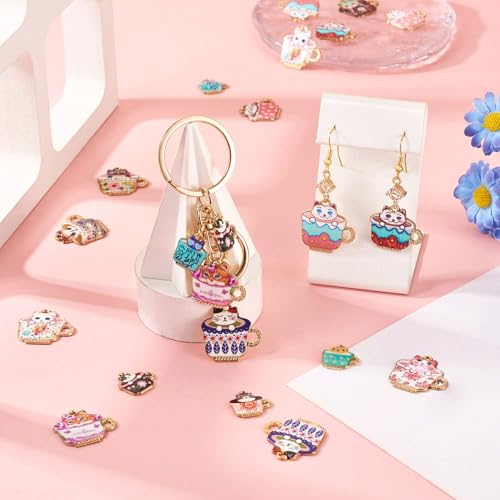 16 st Cat Emaill Bedels voor sieraden het maken van kitten met koffie Cup bengelen Bedels huisdier dierlijke Legering Hangers Bulk voor ketting vrouwen armband oorbellen ambachtelijk DIY, metalen Emaill, Geen edelsteen