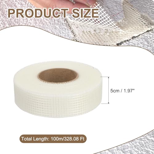 Fibreglass Stoftape, 5 cm x 100 m, Fibreglass Repair Patch, Self-Adhesive Plasterboard Joint Tape, 6 Mesh, Wall Hole, Tear and Naad Patch, Wit