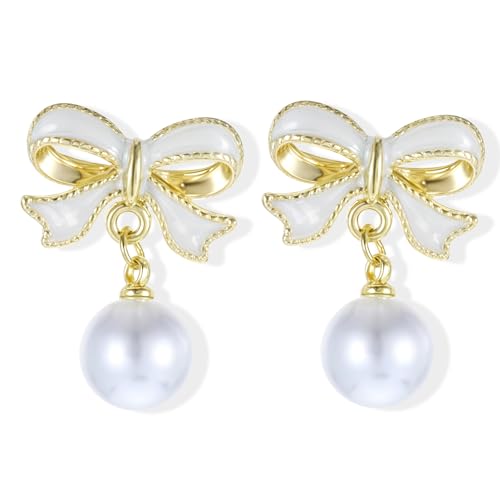 Parel oorbellen met strik, parel oorbellen boog oorbellen oorbellen, boog oorbellen voor vrouwen, parkle boeg parels oorbellen voor sieraden accessoires geschenken, zinklegering,resin, zinklegering, hars 3