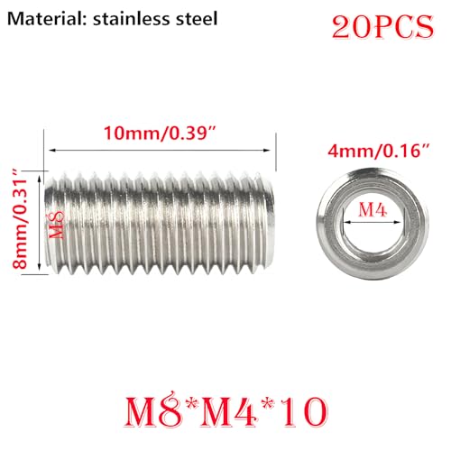 20Stuks Threaded Inserts, M8 Male tot M4 Vrouwelijke Mouwen Reduction Nut, Lengte 10mm Thread Sleeves voor Meubelprojecten, Reparatie