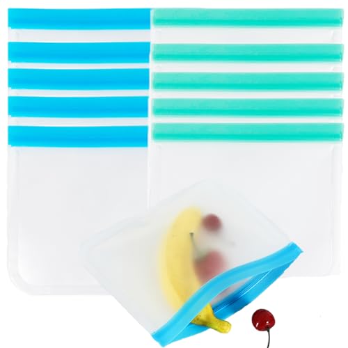 Forlush 10Pcs Herbruikbare voedselopslag zakken, Siliconen zakken, bevroren zakken voor het opslaan van groenten, fruit, vlees Etc (Groen, Blauw)