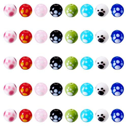 40 st. Paw Print Lampwerk kralen 10mm Ronde Handgemaakte Lampwerk Spacer kralen met kat / hond Paw Afdrukken 8 Kleuren voor DIY ketting armband sieraden maken