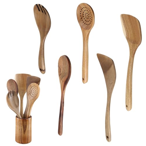 Houten keukenset, houten keukengerei voor koken, 6-Piece keukengerei met houder, houten spatula met gat, kooklepel, spatula, slaafvork voor beginners en kookliefhebbers