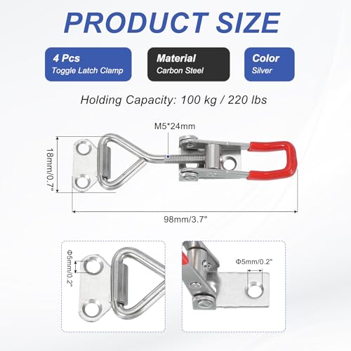 Toggle Latch Clamp 4001 Style, 4Scs Roestvrij staal verstelbare Klemmen Snel Release Roker trekken Hasp Latches 220lbs Bearing for Box Lid Jig, Zilver
