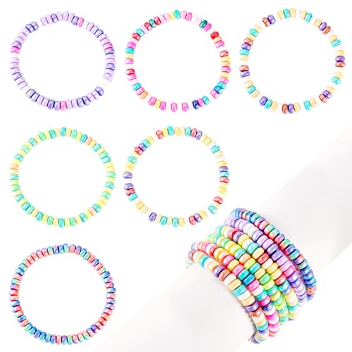 6 st Heishi kralen armbanden voor vrouwen polymeer klei stretchy surfer armband gemengde kleur stapelbare sieraden boho zomer strand armband, 3-1-8 inch binnendiameter, geen edelsteen,, Geen edelsteen