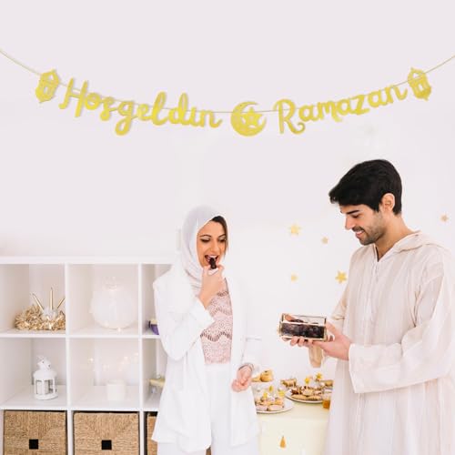 Ramadan Kareem Banner Lettering Hoşgedin Ramazan Glitter Gouden Papier Decoratie Ramadan Kareem Eid Mubarak Home Accessoires Outdoor 3