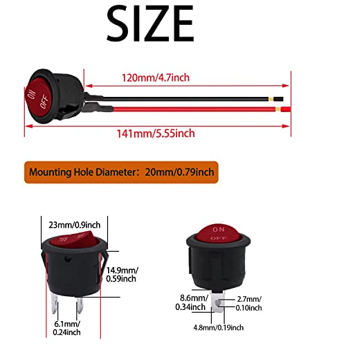10 x Ronde schakelschakelaar, 12 V, Rocker Switch, Car Rocker Switch, SPST 2 Pool, aan/uit, 6A/250V, 10A/125V AC, voor auto's, boten, rood 3