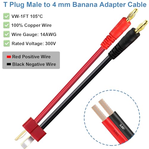 3st T Plug tot 4mm Banana Plug Adapter, 4mm Banana tot T Plug Adapter Laadkabel Batterij voor RC Helicopter Quadcopter Lipo Batterij 4