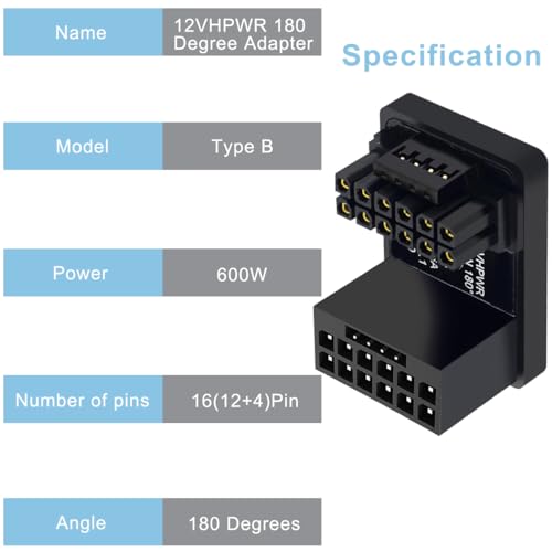 12VHPWR 180 Degree Angled Adapter, Pci/5.0 ATX 3.0 600W 16 Pin GPU PCIe Power Adapter,Female to Male Connector voor 12+4 pin RTX 3090Ti 4070Ti 4080 4090 Grafische kaart GPU (type B) 4