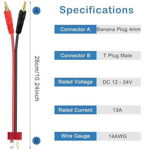 3st T Plug tot 4mm Banana Plug Adapter, 4mm Banana tot T Plug Adapter Laadkabel Batterij voor RC Helicopter Quadcopter Lipo Batterij