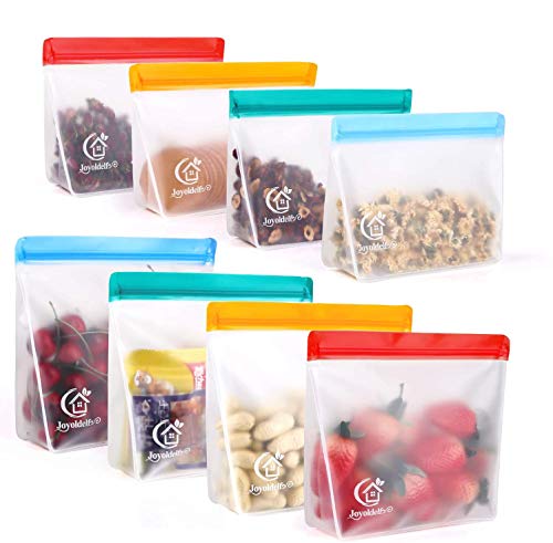 Zip Food Bag met staande bodem ontwerp, herbruikbare groenten en fruit zakken PEVA Opbergzak, Sandwich Bag, Keukentas voor plantaardige melk snacks Vlees, 8 stuks