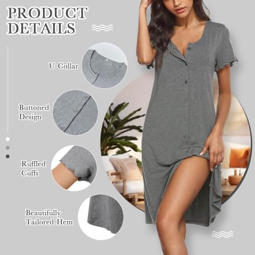 Vrouwen nachtjurk korte mouw nachthemd Button Down Slaapkleding zomer nachtkleding grijs 3