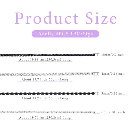 4Pcs Twisted ketting ketting 2/3/4/5mm dikke roestvrij stalen curb ketting ketting zwart en roestvrij Staal Kleuren Tarwe Choker Kettingen voor Mannen Vrouwen 4