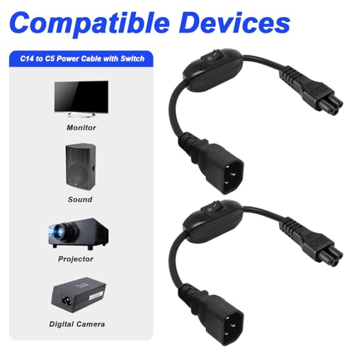 Voedingsadapterkabel IEC 320 C14 stekker naar C5 stopcontact met aan/uit schakelaar (2 packs, 1 ft/30 cm) 5