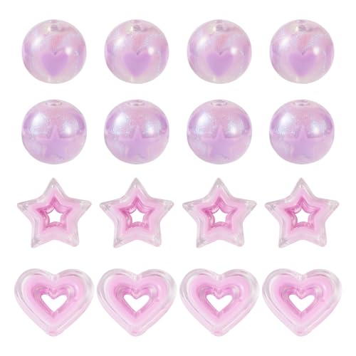 24st Paarse ster en hart Acryl kralen Ronde met ster patroon Spacer kralen Holle ster / hart kralen in kralen voor DIY armband ketting sieraden maken
