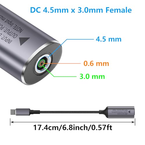 PD 140W DC4530 naar USB C Kabel DC 4.5mm x 3mm Vrouw (4,5 x 0,6mm) Invoer naar type C Man Power Kabel met PD Automatic Identification Chip, voor telefoons, tabletten, laptops 3