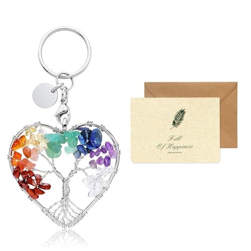 Originele Boom van het Leven Sleutelhanger Prachtige Hart 7 Chakra Heal Crystal Boom van het leven Keychain vrouwen mannen chic sieraden hanger sleutelhanger geluk voor paren en vrienden met kaart, transparant