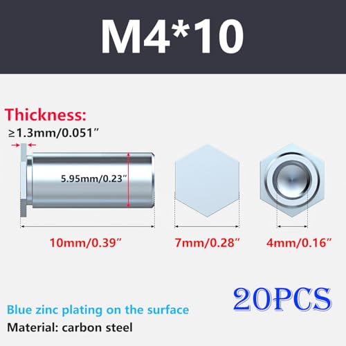 20 st Rivet Noten, Hex Rivet Nut, M4 x 10mm Vrouwelijke Thread Walk Noten, Rivet Nut Gemaakt van Galvanized Carbon Steel voor staal, Legering, Metaal