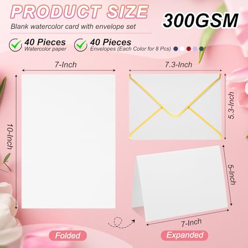 40 Sets Pure Cotton Aquarel Kaarten 150 lbs/300 g/m2 Ansichtkaarten met veelkleurige enveloppen voor kunstschilderen Creatieve Dank u Kaarten, 15x18cm Opvouwbare Maat (White Box)