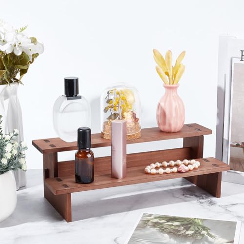 Houten presentatie met 2 niveaus, 29,7 x 12 x 9,7 cm, houten displaystandaard, parfum / cosmetica, figuurcollectie
