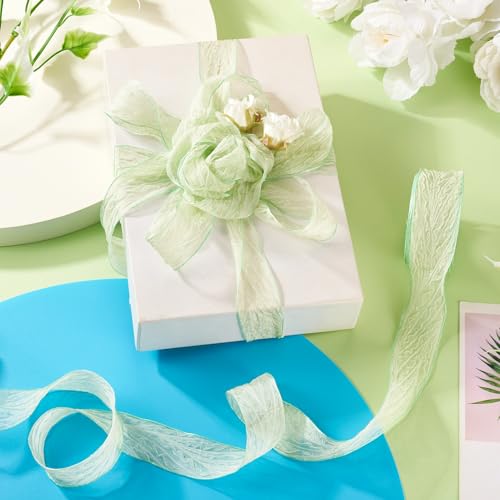 Gerimpelde Chiffon Ribbon 25mm Tulle Ribbon Gekromde Lace Libbons met bedrade rand voor het maken van bruiloft kransen decoratie, licht groen