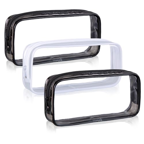 3 stuks Duidelijke Pencil Case Large Pen Bag, Transparante Cosmetic Make-up Tassen, PVC Pencil Case Stationery Pouch, Leuke hart Daisy Zonnebloem patroon zakken, voor vrouwen en meisjes, 2 stuks zwart + wit