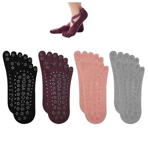 Yoga Sokken, Non-Slip Pilates Sokken met riemen, Cotton Socks met vijf teen Grips, Sweat Absorptie, Geschikt voor Pilates, Ballet, Barre, Barre, Barre, Barefoot Training, Dansen