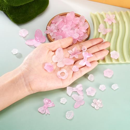 100g Roze Diverse Acryl kralen Matte Bloem Kralen Caps Bow Butterfly Leaf Esthetic Craft Kralen Bulk voor DIY armband ketting oorbellen sieraden maken 5