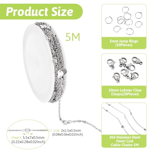 2.5M Roestvrij staal hart Link Kabelkettingen 2x1.5x0.5mm Metalen Oval Link ketting armband maken Kit met Jump Rings Klauw sluitingen voor DIY Sieraden maken 5