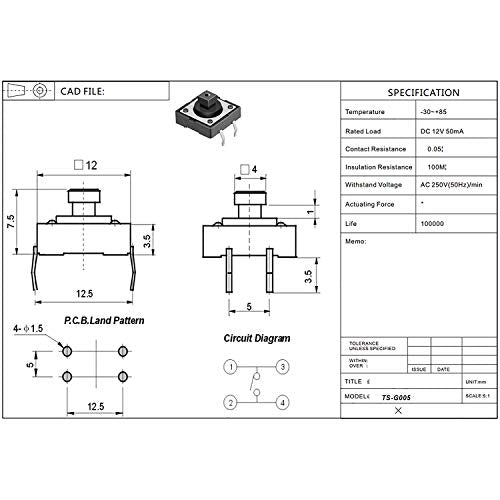 TLYCRQJXF Momentaire Tactiele drukknop, 12 x 12 x 7,3 mm, Micro Momentary Push Button Switch, 4 Pin Micro Switch, Surface Mounted Switch Plate met Hood voor Arduino, Pack van 80 3