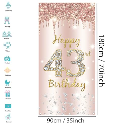 43e verjaardag decoratie vrouwen, Gelukkige 43e verjaardag deur banner roos goud,43e verjaardag stof teken poster deur decoratie,43e verjaardag achtergrond banner dames, verjaardag feest welkom teken