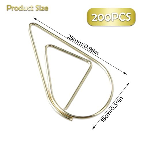 200st Gold Paper Clips Bladwijzers voor boeken, Small Metal Paper Clips, Water Drop Shape Bladwijzers Kaarten, Posters, Foto's