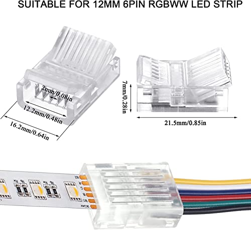 Verpakking van 20 LED Strip Connector, 6 Pin, 12 mm, LED Solder-free Strip Connector, 6 Pin Connector, voor 12 mm RGB WW of RGB+CCT LED 5 V 12 V 24 V (transparant) 3