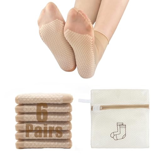 Enkelsokken voor vrouwen met een Sokkenwaszak, 6 paar Nylonsokken voor vrouwen, Non-Slipsokken voor vrouwen, Maat 4-7 - Naakt, Beige, 37-40 EU, beige