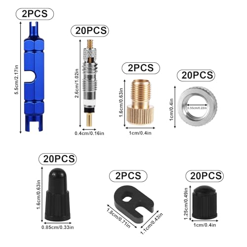 Valve Core Reparatie Kit, Bevat messing Valve Cores, Caps, Verwijderingsgereedschappen, Sleutels, Converters & Nuts Fietsbanden Reparatie Kit Compatibel met Presta & Schrader voor Road Bikes