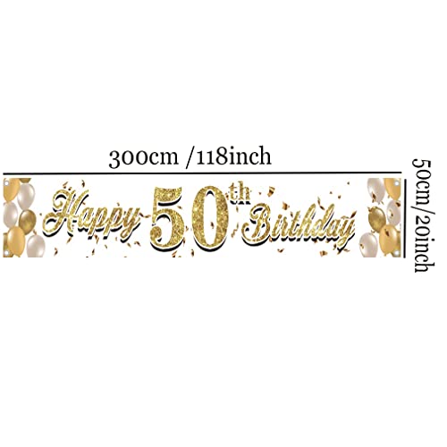 Happy 50th Birthday Decoration Fabric Sign Poster 50 Year Old Garden Decoration Gold Ballon Garden Banner - 3m x 0,5m - Birthday Party Suips Outdoor & Indoor Welcome Sign for Husband and Wife