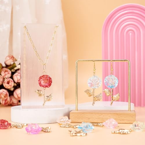 16 st. Rose Charms Transparante kleurrijke acryl & legering bloem hangers kleurrijke rozenkrans met gouden bladbloesem Charms voor DIY ketting oorbellen sieraden maken, acryl, acryl