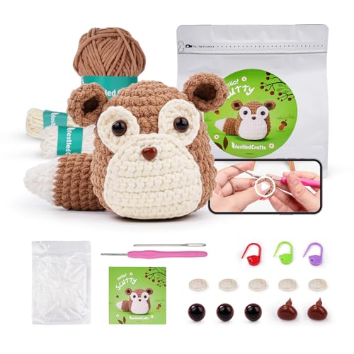 Schurk Beginners haak Set, Leuke Amigurumi Starter Set met garen, haak, ogen en video Tutorials, Complete DIY dierlijke ambacht Cadeau (Licht Bruin/Wit / zwart garen inbegrepen)