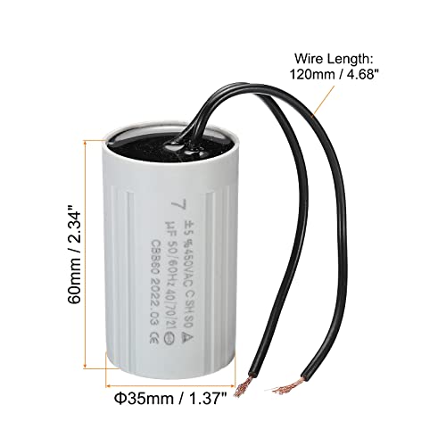 CBB60 7uF Starter Capacitor, 2 stuks AC 450V, 2 Wires, 50/60 Hz, Cilinder, 60 x 35 mm, voor Waterpompen, Motor Starter voor Wasmachines