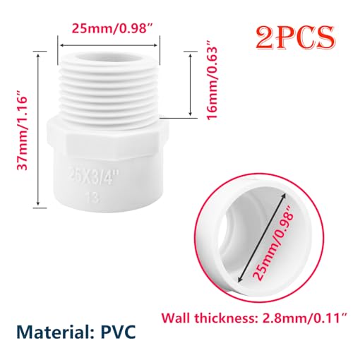 2 stuks PVC pijpfittingen, 25mm x 3/4 Inch Male Thread Connector Fittings, voor Aquarium, Tuinslangsystemen