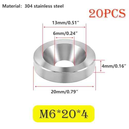 Verpakking van 20 Roestvrij stalen ringen Countersunk ringen M6 x 20 x 4mm Countersunk Hoofdringen Sluitringen voor verzonken schroeven