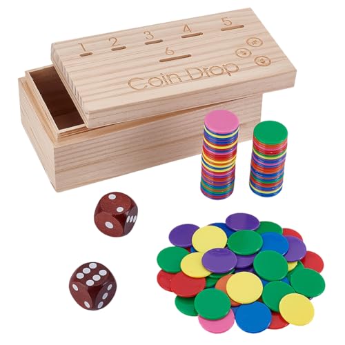 Wood Munch Game Inclusief 2 dobbelstenen, 100 acryl spelen stenen, 6 Slots, dennen houder, Skill-based Penny Toss Game voor familie vieringen, Drinken Games of Hand Eye Training
