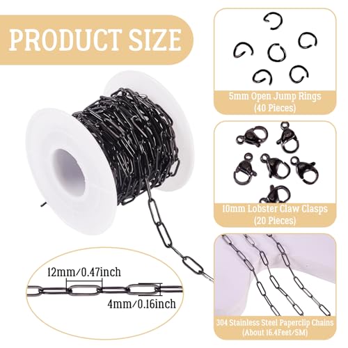 5M roestvrij staal paperclip ketting 12x4x1mm Black Oval Metal Kabel ketting armband ketting maken Kit met Jump Rings Klauw sluitingen voor DIY Sieraden maken 5