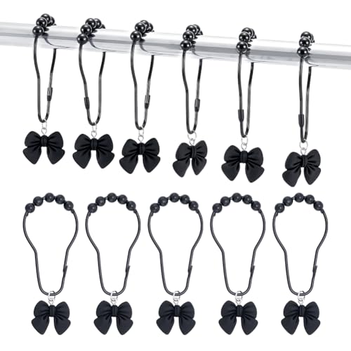 12 stuks Bowknot Douche Gordijn haken, Zwarte ijzeren douche Gordijn ringen Decoratieve douche Hangers ringen voor badkamer Douche Rods Gordijnen