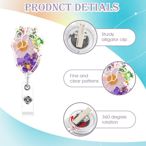 Hart gedroogde bloem badge haspel met krokodillenclip, intrekbare hart verpleegster ID-houder, schattige bloemenhars naam label, leuke accessoires voor verpleegkundigen en 4