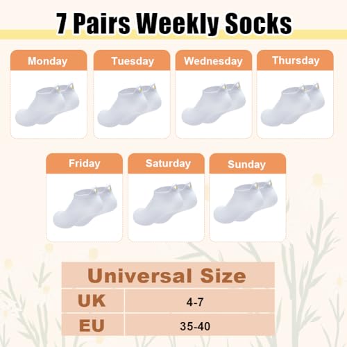 Sneaker sokken voor vrouwen, 4-7, 7 paar, Weekly, schattig geborduurd Daisy enkelsokken, ademende katoenen sokken voor vrouwen meisjes, wit, 4-7, wit 3