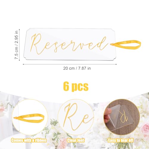6 st Gereserveerde platen voor bruiloft stoelen, Hangen Gereserveerde acryl platen met lint voor bruiloften Belangrijke evenementen Restaurants Pews en stoelen (Goud)