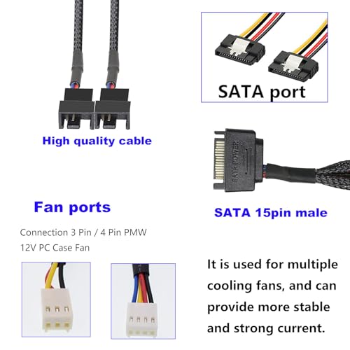 5 stuks SATA Fan Power Cable, 15 Pin SATA tot 2 x 3 Pin/4 Pin, 12V PC Case, Fan Splitter PWM Adapter voor Ventilator, PC, Koelkast Power Cable voor 4